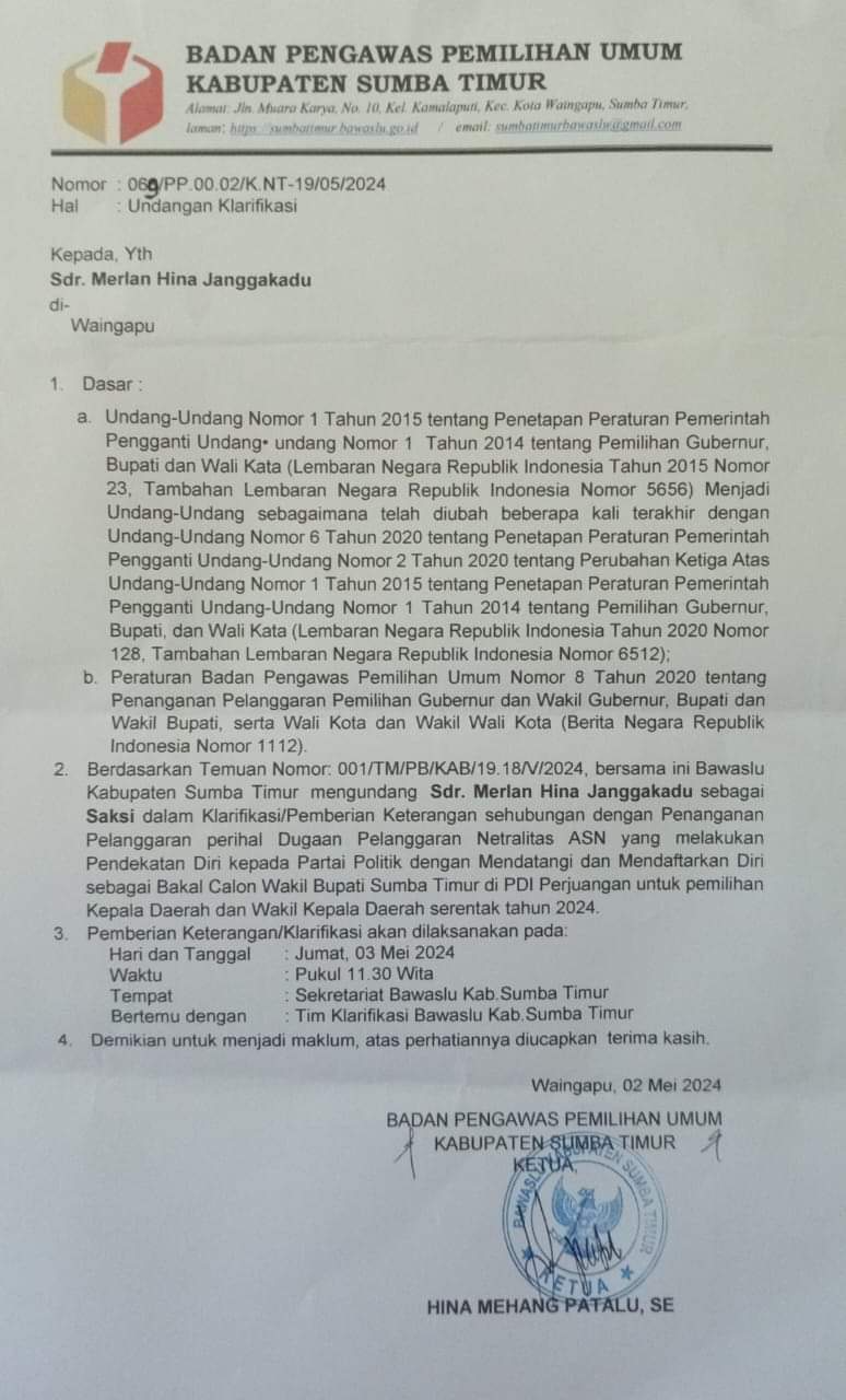 Terima Pendaftaran Khristofel Praing-Franky Ranggambani, Bawaslu Sumba Timur Panggil Sekretaris DPC PDIP